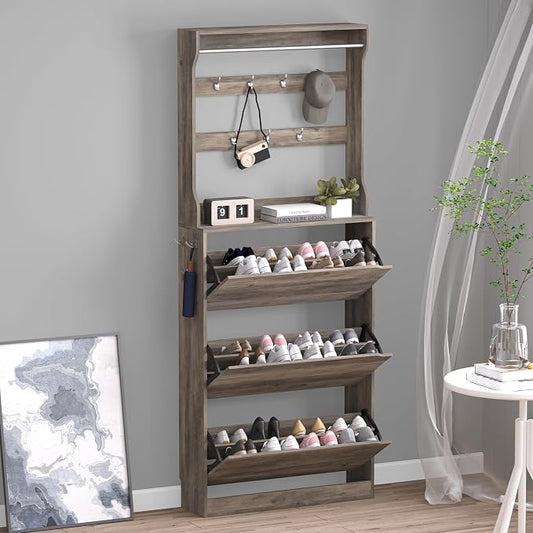 BORNOON Shoe Cabinet with 3 Flip Drawers & Coat Rack, Narrow Hidden Shoe Storage Cabinet, 2-in-1 Hall Tree Slim Freestanding Shoe Rack Organizer for Entryway, Hallway, and Living Room by BORNOON