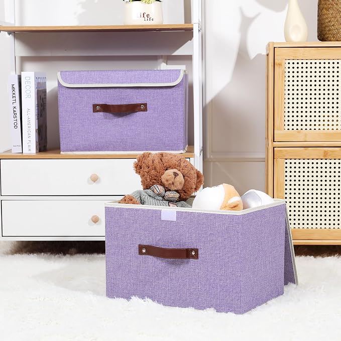 ANMINY 2PCS Storage Bin with Lid Storage Boxes with PU Leather Handles PP Plastic Board Decorative Foldable Lidded Cotton Linen Fabric Home Cubes Baskets Closet Organizer Container - Purple, Medium - Image 7