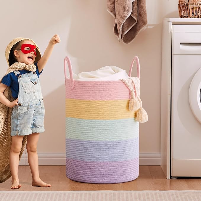 80L Extra Large Rainbow Laundry Hamper for Baby Girls Clothes Tall Woven Laundry Basket for Kids Nursery Toy in Playroom Blanket Basket for Living Room Bedroom 16"D x 22"H Pastel Unicorn - Image 7