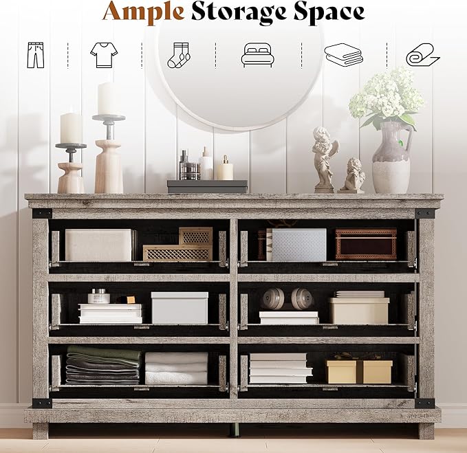AMERLIFE 5 Pieces Farmhouse Bedroom Set, Includes Rustic Full Bed Frame with 54" Tall Headboard, 6 Drawer Dresser, 5 Drawer Tall Chest, Nightstands Set of 2 with Charging Station, Rustic Grey
