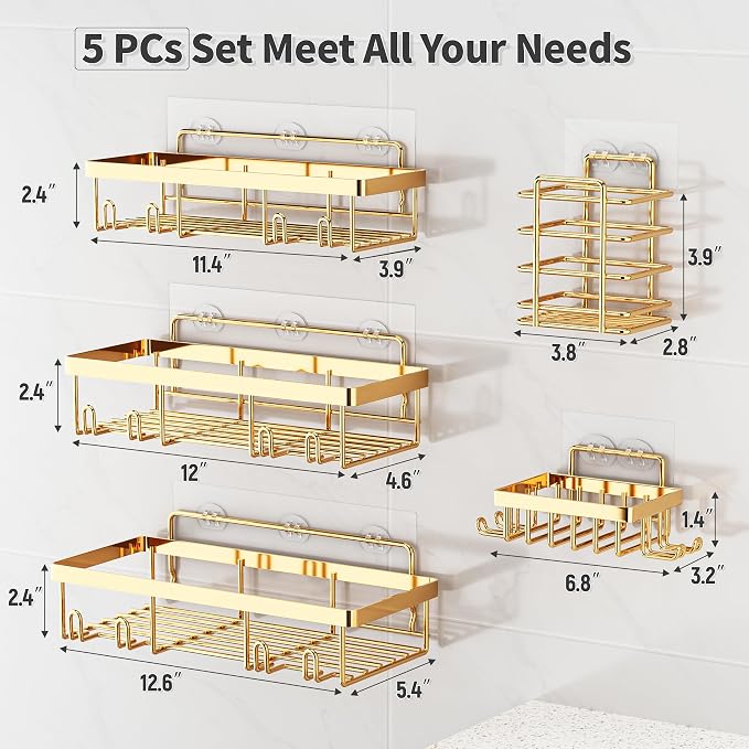 Liuoud 5 Pack Shower Caddy Organizer Rack Shelf for Inside Shower, Self Adhesive Wall Storage Basket Rustproof Stainless Steel Shampoo Holder Bathroom Accessory Decor Set, Gold - Image 2