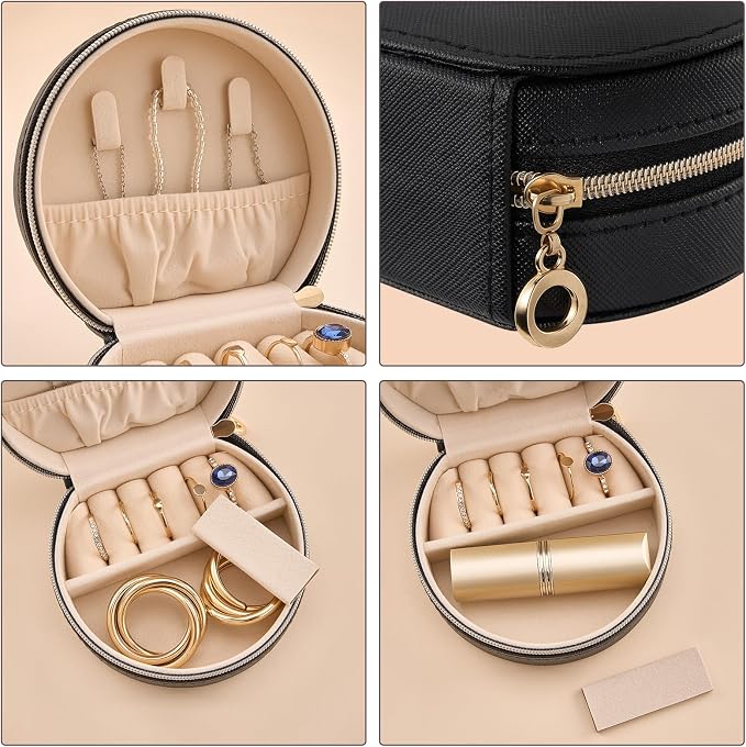 ProCase Travel Size Jewelry Box, Mini Portable Seashell-Shaped Jewelry Case, 2 Layer Organizer in PU Leather for Women -Black - Image 3