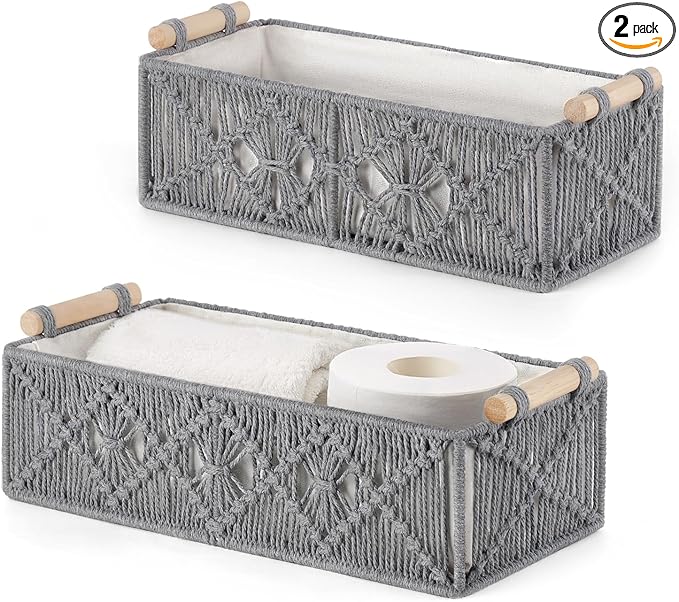 Mkono Macrame Storage Baskets Boho Decor Box Handmade Woven Decorative Countertop Toilet Tank Shelf Cabinet Organizer for Bedroom Livingroom Home, Set of 2, Grey by Mkono