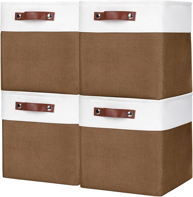 Bagnizer Collapsible Fabric Storage Cubes 11x11 Cube Storage Bins, 4 Pack Closet Baskets Box with Handles for Organizing, Shelf, Toys, Clothes, Home, Office, Nursery (Brown&White) by Bagnizer