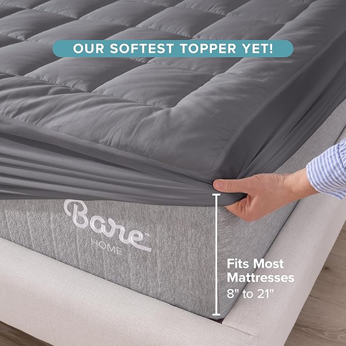 Bare Home Mattress Topper Cotton Top - Twin Extra Long - Plush Topper for Mattress - College Dorm Room Essentials - Cooling Breathable Air Flow - 8" to 21" Deep Pocket - Soft Bed Pad (Twin XL, Grey)