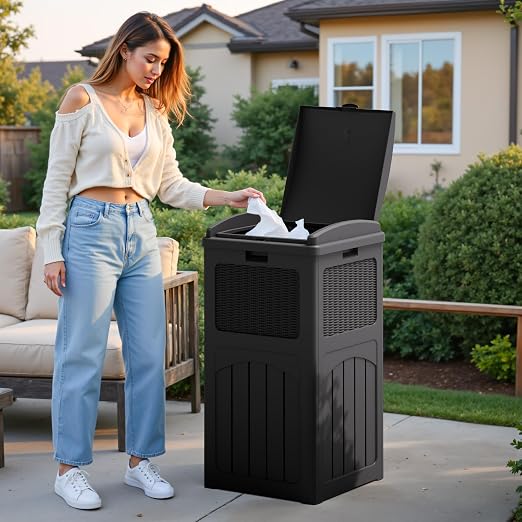 Flamaker 30 Gallon Trash Can, Resin Outdoor Garbage Can with Lid, Waterproof Hideaway Patio Waste Bins for Outside Use (2 Pack, Gray) - Image 7