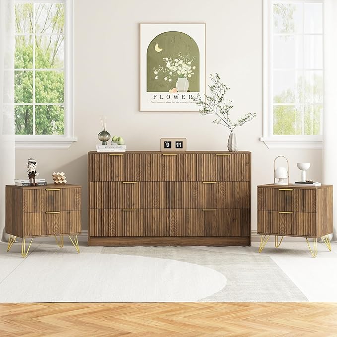 7 Drawer Dresser and Nightstand Sets for Bedroom, 3 Pcs Bedroom Set，Night Stand Set of 2 & 7 Drawer Dresser with Gold Handles, Wood Chest of Drawers Mid Century Storage Cabinet Set, Natural