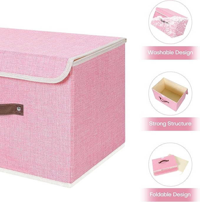ANMINY 4PCS Storage Bin with Lid Storage Boxes with PU Leather Handles PP Plastic Board Decorative Foldable Lidded Cotton Linen Fabric Home Cubes Baskets Closet Organizer Container - Pink, Medium - Image 3