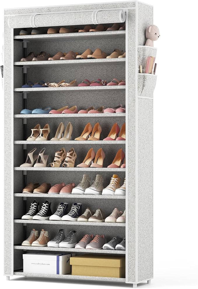ROJASOP 10 Tier Shoe Rack with Covers Large Capacity Stackable Tall Shoe Shelf Storage for 50-55 Pairs Shoe and Boot, Sturdy Free Standing Shoe Rack Organizer for Closet, Entryway, Bedroom, Printing by ROJASOP