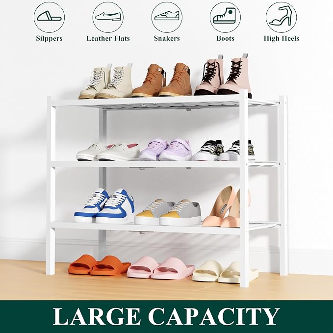 Smiry Shoe Rack, 3 Tier Thick Bamboo Shoe Organizer, Stackable Free Standing Wooden Shoe Storage Shelf for Closet, Entryway, Front Door Entrance, White - Image 6
