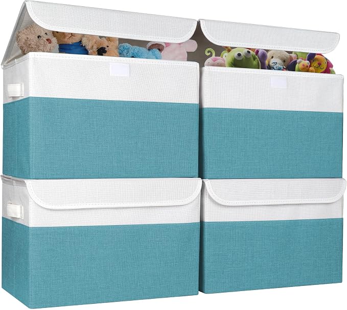 Bagnizer Large 22 Quart Linen Fabric Foldable Storage Bin Cube Organizer Basket with Flip-Top Lid & Handles, Clothes Blanket Box for Home, Office, Closet, Teal & White, 4 Pack 14.6 x 9.5 x 9.5 by Bagnizer