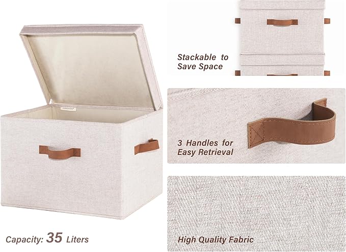 StorageWorks Fabric Storage Bins with Lid, Decorative Storage Boxes for Shelves, Stackable Closet Organizer Basket with Handles, Jumbo, Brown and Beige, 2-Pack - Image 3