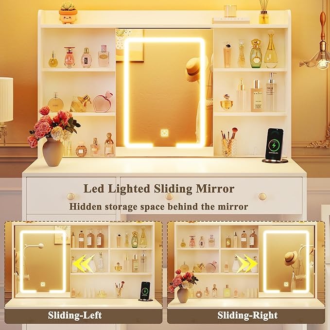 HUAHUU Vanity Desk with Mirror and Lights, 37" Makeup Vanity Desk with LED Lighted Mirror, Power Outlet, White Vanity with Storage Cabinet, 2 Drawers & 6 Shelves for Bedroom