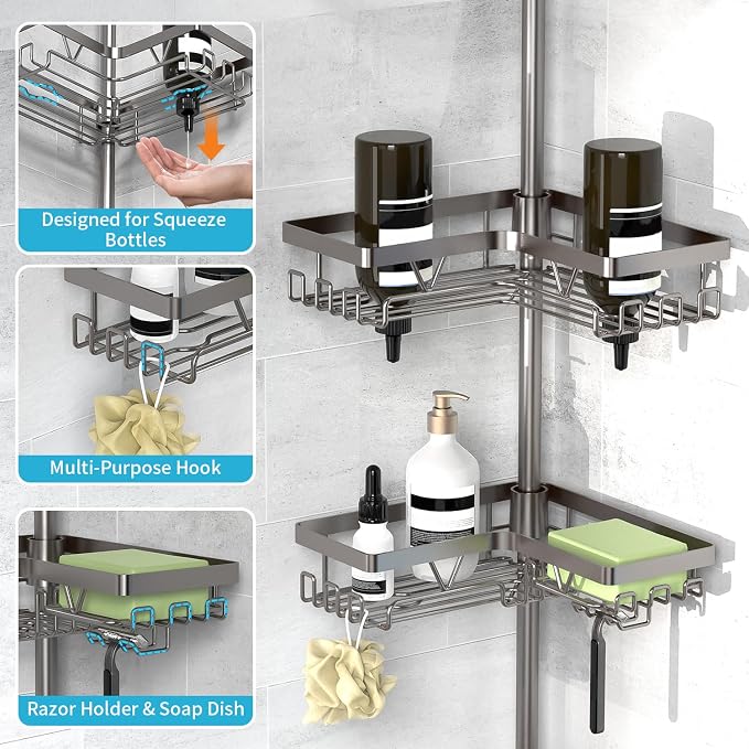 KEGII Corner Shower Caddy Tension Pole with Soap Dish & Razor Holder, Adjustable Bathroom Organizer with Hooks, 25-114.2 Inch Rustproof Storage Shelf for Renters & Apartments, Gunmetal Gray - Image 3