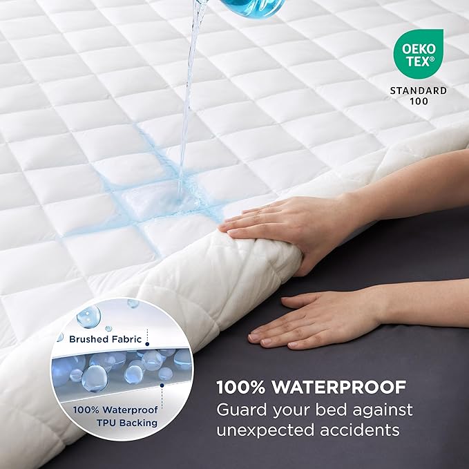 Bedsure Short Queen Mattress Protector, Quilted Waterproof Mattress Pad with Deep Pocket up to 22 Inches, Soft Breathable Noiseless Mattress Topper, Bed Cover for Home Bedroom Hotel – White