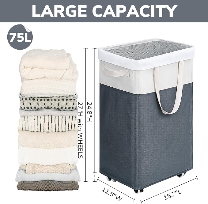 Goodpick Laundry Basket with Wheels, 75L Laundry Hamper for Dirty Clothes, College Dorm Essentials, Clothes Hamper for Livng Room, Grey&White - Image 3