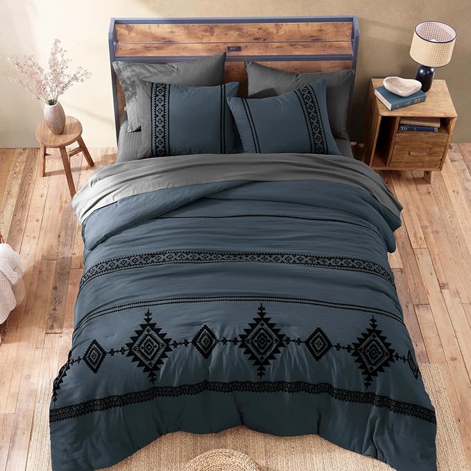 MaiRêve Embroidery Queen Size Comforter Set Blue Grey, Boho Farmhouse Western Bedding Set 7 Pieces, All Season Bed in A Bag Comforter Set with Sheets, Pillowcases & Shams