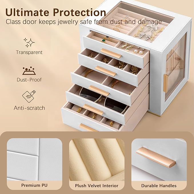 Homeanda Jewelry Box for Women with Glass Lid, 5 Drawers Jewelry Organizer and Storage for Necklaces, Rings, Earrings, Bracelets, Gift for Girls and Teens,PU Leather (White) - Image 5