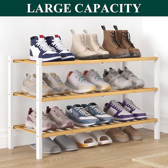 Smiry Bamboo Shoe Rack for Closet, 3 Tier Wooden Stackable Shoe Organizer, Free Standing Shoes Storage Shelf for Entryway, Front Door Entrance, Natural & White - Image 4