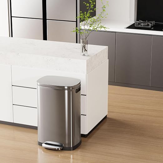 ELPHECO Kitchen Trash Can with Lid Soft Close,13 Gallon / 50L Stainless Steel Pedal Garbage Can, Heavy-Duty Fingerprint Proof Step Wastebasket with 20 Bags, Removable Bucket, Home Office, Silver - Image 2