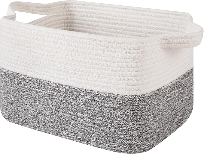 OIAHOMY Woven Storage Basket for Shelves, Rectangle Cotton Rope Baskets for Organizing, 13 x 10 x 9 in, Storage Bins for Dog Toys,Towel,Books,Gift,Grey and White by MasterofSpaceOptimization