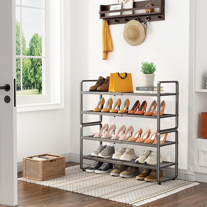 SNTD Shoe Rack - Expandable Shoe Organizer for Closet, Adjustable Metal Shoe Shelf Storage, Stackable Long Shoe Stand Holder for Garage, Entryway, Door Entrance (Grey, 4-Tier) - Image 2