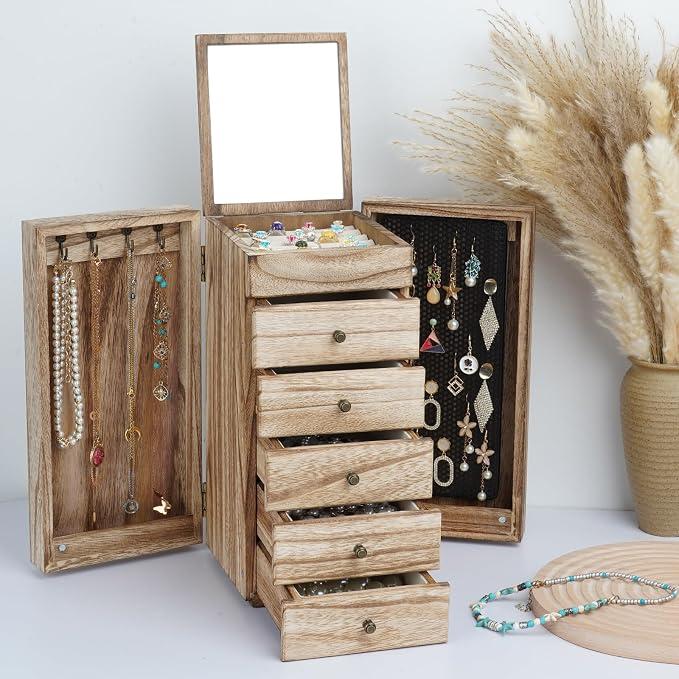 Meangood Jewelry Box Wood for Women, 6-Layer Large Organizer Box with Mirror & 5 Drawers for Rings, Earrings, Necklaces, Vintage Style, Carbonized Black - Image 7