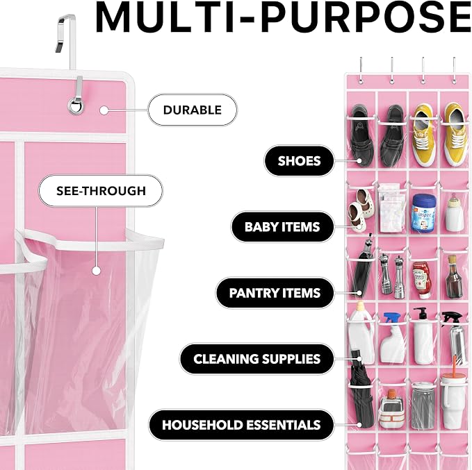 Simple Houseware 24 Pockets - Crystal Clear Over The Door Hanging Shoe Organizer, Pink (64'' x 19'') - Image 5