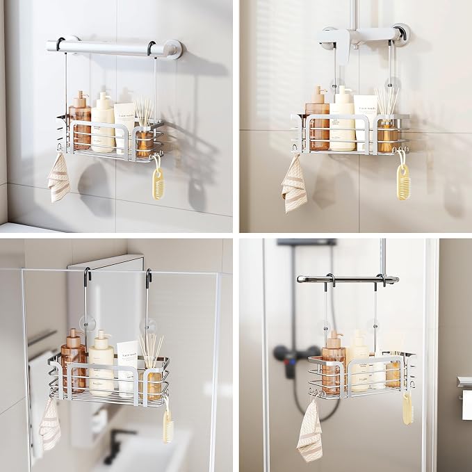 SWTYMIKI Shower Caddy Hanging Organizer - Over the Door Shower Caddy with 6 Hooks, 2 Installation Ways, Stainless Steel Rustproof Bathroom Organizer, Silver - Image 2