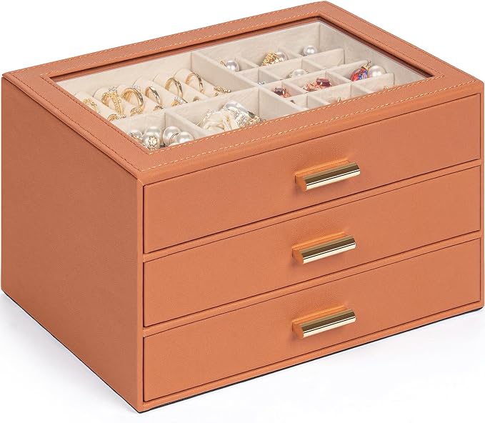 AKOZLIN Jewelry Box with Clear Lid Functional Leather Jewelry Storage Organizer Case 3 Drawers for Women Girls Necklace Ring Bracelet Earring by AKOZLIN