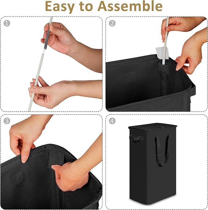 efluky Slim Laundry Basket with Lid, Narrow Laundry Hamper with Handles, Collapsible Dirty Clothes Hamper, Tall Laundry Bin for Laundry Room, Dorm and Bedroom, 55L Black - Image 4