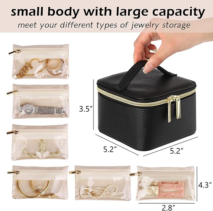 HofferRuffer Jewelry Box Organizer for Women Girls, Travel Jewelry Case with 6 Portable Zipper Bags, Jewelry Storage Ideal for Travel & Home Organization (6pcs-Black Faux Leather) - Image 2