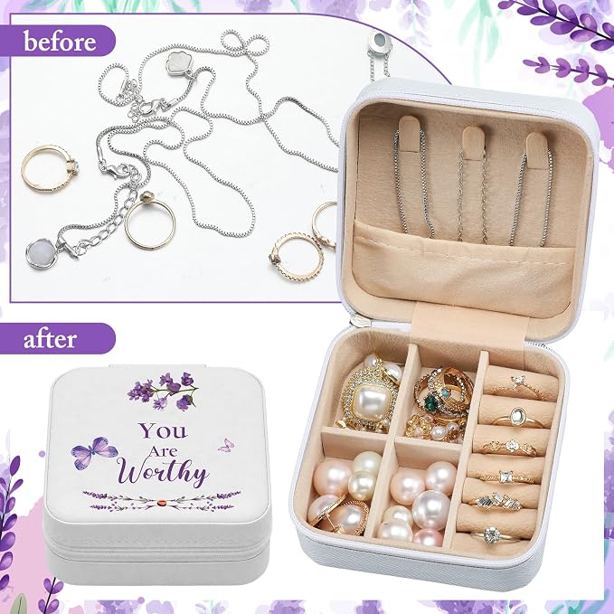 Kacctyen 12 Pcs Mini Travel Jewelry Case Bulk You Are Loved Mother's Day Church Gift Bulk Purple Butterfly Gift for Secretary Mother Girls Leather Travel Jewelry Case Mothers Day Church Gifts - Image 4