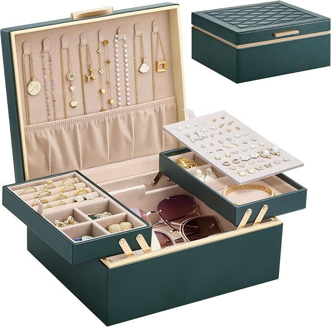 Lolalet Jewelry Box Organizer for Women Girls, 2 Layer Jewelry Organizers and Storage for Necklace Earrings Rings Bracelets, Large Jewellery Holder Case Birthday Mothers Day Gifts -DarkEmerald by Lolalet