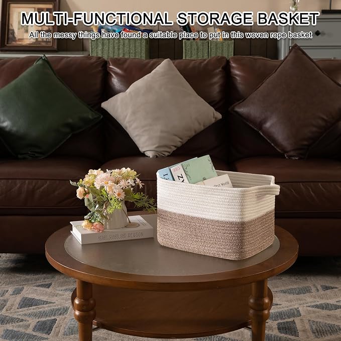 OIAHOMY Woven Storage Basket for Shelves, Rectangle Cotton Rope Baskets for Organizing, 13 x 10 x 9 in, Storage Bins for Dog Toys,Towel,Books,Gift,Flax Brown and White - Image 5