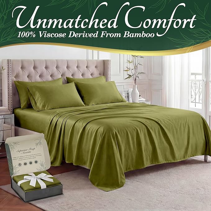 DECOLURE 100% Viscose Derived from Bamboo Sheets Queen Size - Luxury 6 Pc Naturally Cooling Sheets, Ultra Soft Bed Set - Deep 17" Pockets, Durable Double Stitching, Oeko Tex Standard (Light Olive)