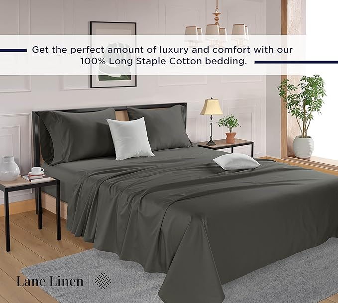 LANE LINEN 100% Cotton 600 Thread Count Split King Sheet Set for Adjustable Beds, Sateen Weave Hotel Quality, Fully Elasticized Oeak Tex Certified Sustainably Produced Machine Washable - Charcoal