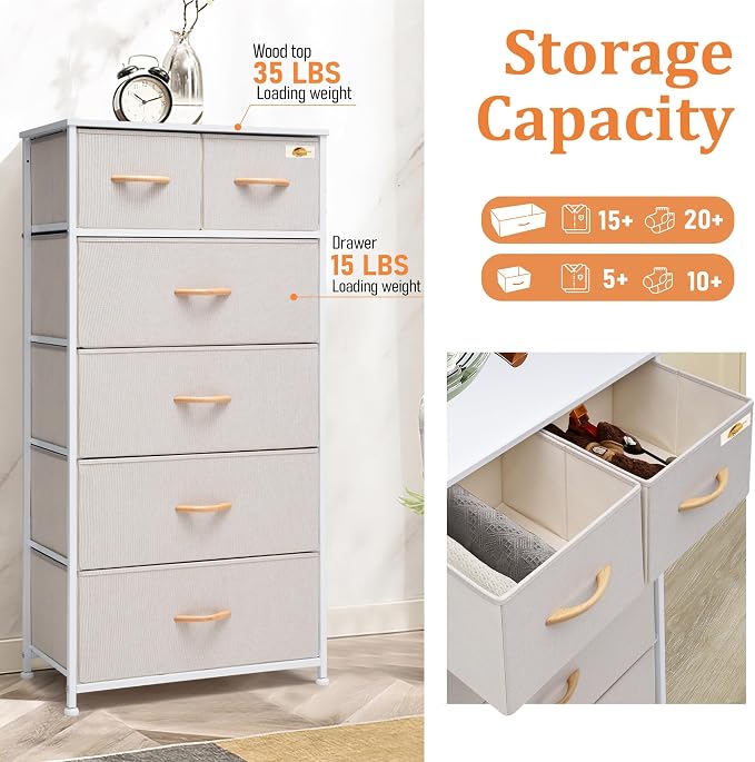 Fabric Dresser for Bedroom, Tall Skinny Dresser with 6 Drawers, Storage Organizer Tower, Steel Frame Wooden Top for Closet, Living Room, Hallway(Beige) - Image 6