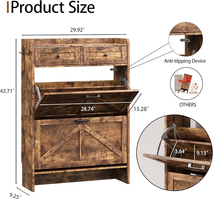 Shoe Cabinet with 2 Flip Drawers & 2 Top Drawers, 43" Tall Freestanding Narrow Wooden Shoe Storage Organizer for Entryway, Hidden Slim Shoe Rack for Front Door Entrance, Hallway, Living Room, Brown - Image 2