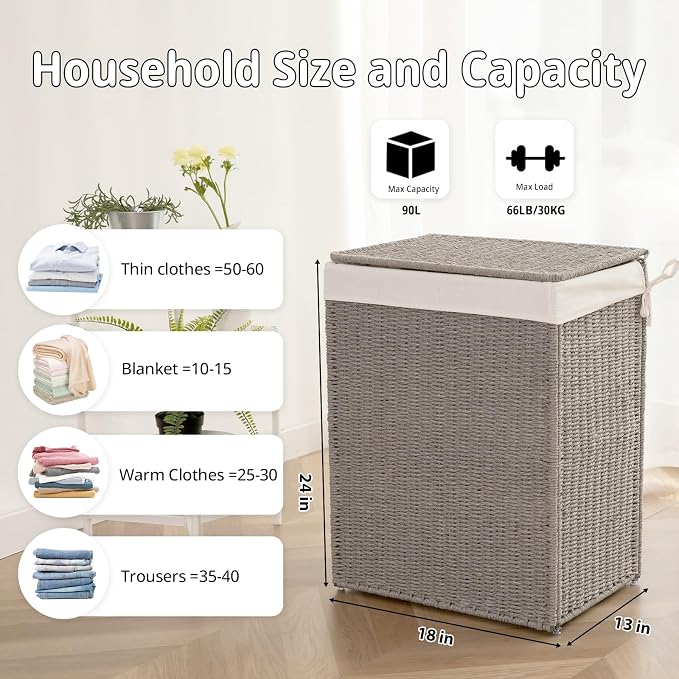 OIAHOMY Laundry Hamper with Lid, 90L(23.8 Gal) Large Wicker Laundry Basket for Bedroom, Handwoven Paper Rope Clothes Hamper with Washable Liner & Metal Frame, Decorative Organizer for Bathroom Grey - Image 2