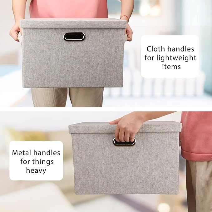 Graciadeco Large 17" 36 Quart Collapsible Stackable Storage Bins with Lids, 5 Packs Beige Linen Fabric Closet Boxes with Lids, Storage Cube Baskets Container Organizers for Bedroom Office(17 x12 x11) - Image 4