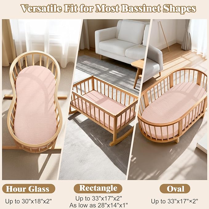 Basumee Muslin Bassinet Sheets for Baby Girl Boy 2 Pack Soft Breathable Baby Bedside Bassinet Fitted Sheets with Bottom Elastic Band Mattress Cover for Rectangle Oval Hourglass Bassinets