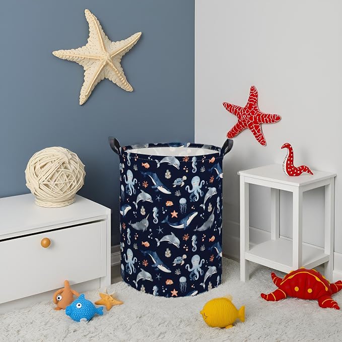 HIYAGON Ocean Baby Laundry Basket Baby Hamper for Nursery Girl Kids Soccer Hamper Cute Kids Toys Storage Bin Organizer Ocean Room Decor for Home(Blue Ocean) - Image 3
