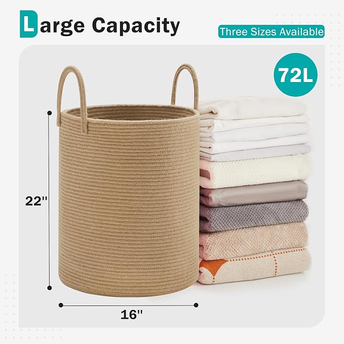 YOUDENOVA Cotton Laundry Hamper, 72L - Woven Collapsible Basket - Jute Brown - Image 2