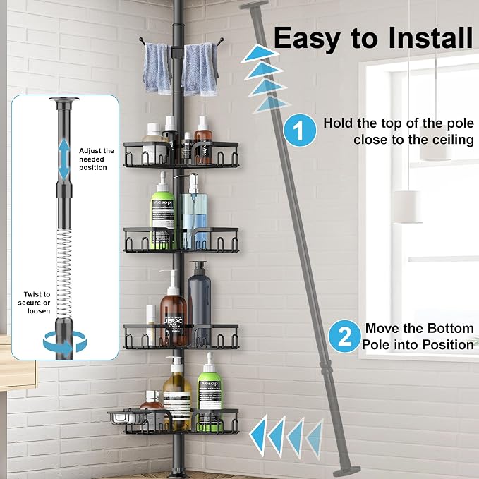 Corner Shower Caddy Tension Pole 4 Tier Adjustable Stainless Steel Shower Shelf for Inside Shower Bathtub Shampoo,Standing Bathroom Organizer Shelves with 39 to 113 inch Height - Image 7