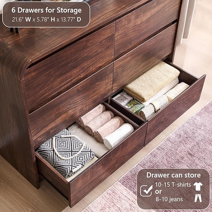 Aitjunz Modern 6 Drawers Dresser for Bedroom, 47" Wide Wood Dressers & Chests of Drawers w/Curved Profile Design, Mid Century Modern Dresser w/Natural Texture for Bedroom, Living Room, Brown