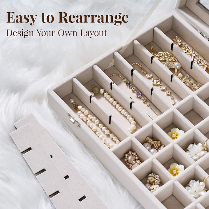 48 Grid Earring Organizer and Storage: Velvet Jewelry Tray with Lid, Jewelry Box for Studs, Earrings, Rings, Necklaces, Dresser & Vanity, Earrings Case for Girls, Women, 13"x8.6"x2.4", Beige - Image 5