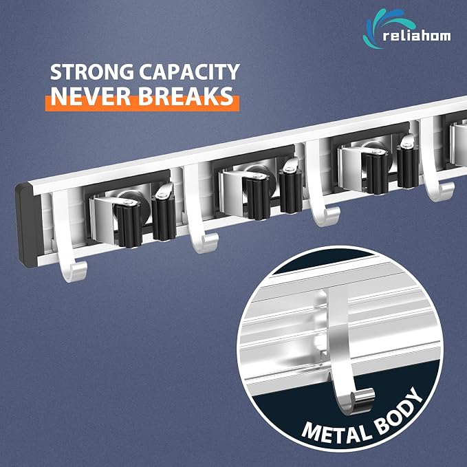reliahom Broom Holder Wall Mount, 4 Racks with 5 Hooks Black - Mop Storage Tool Racks, Broom Hanger Tool Organizer for Garage, Kitchen, Garden, Laundry Room - Image 2