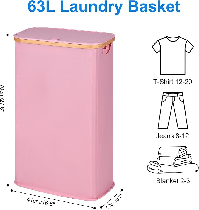 efluky Slim Laundry Basket with Lid, Narrow Laundry Hamper with Removable Bag, Skinny Dirty Clothes Basket with Bamboo Handles for Bathroom, Bedroom & Laundry Room, 63L Pink - Image 5