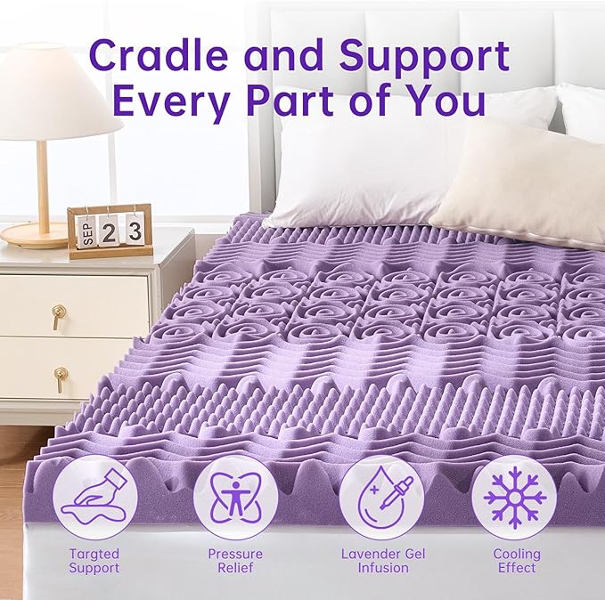 MUXHOMO 2 Inch 7-Zone Twin XL Mattress Topper, Egg Crate Memory Foam Mattress Topper Twin XL Size for Back Pain, Lavender Cooling Gel Infused Bed Pad, CertiPUR-US and Oeko-TEX Certification (79"×38")